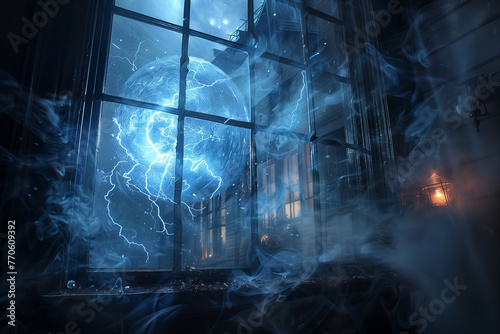 Mystical Ball Lightning View from a Vintage Window, Atmospheric Phenomenon