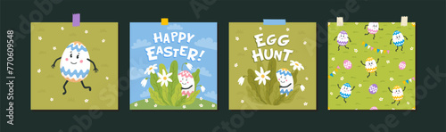 Happy Easter Set of greeting cards with Cute easter colored eggs
