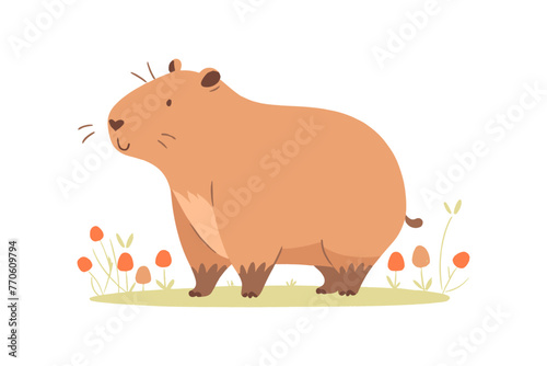 Vector illustration of a cute capybara in a field. Wild animal, flat vector illustration.
