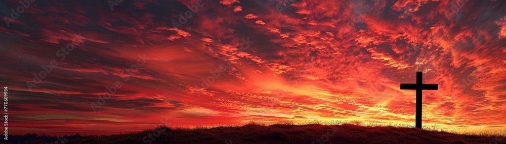 Cross silhouetted against a blazing sky, symbol of hope , hyper realistic Cross silhouetted against a blazing sky, symbol of hope , hyper realistic