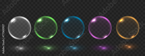 Realistic glass bubbles with reflections isolated on dark background.. Colorful crystal soap spheres. 3d vector set.