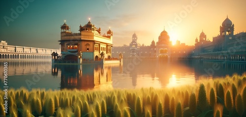 Golden temple at sunset with wheat field for baisakhi celebration. photo