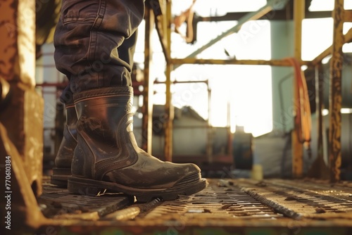 closeup on steeltoed boots, worker standing, platform out of focus