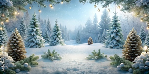 Winter christmas scenic landscape with copy space. Wooden flooring strewn with snow in forest with fir-trees covered with snow on nature.