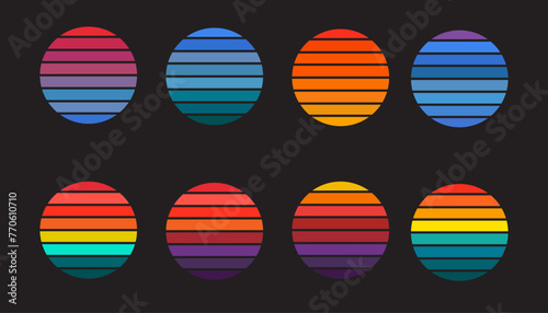 Retro sunset of 80s or 90s. Background of sun for cyberpunk, disco of 80s symbol set design vector ilustration.