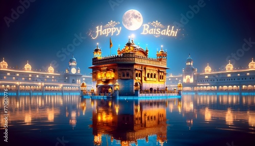 Realistic illustration for baisakhi with a golden temple at night. photo
