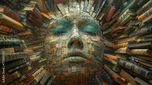 Visage of wisdom: Books form a face, with icons of enlightenment orbiting around