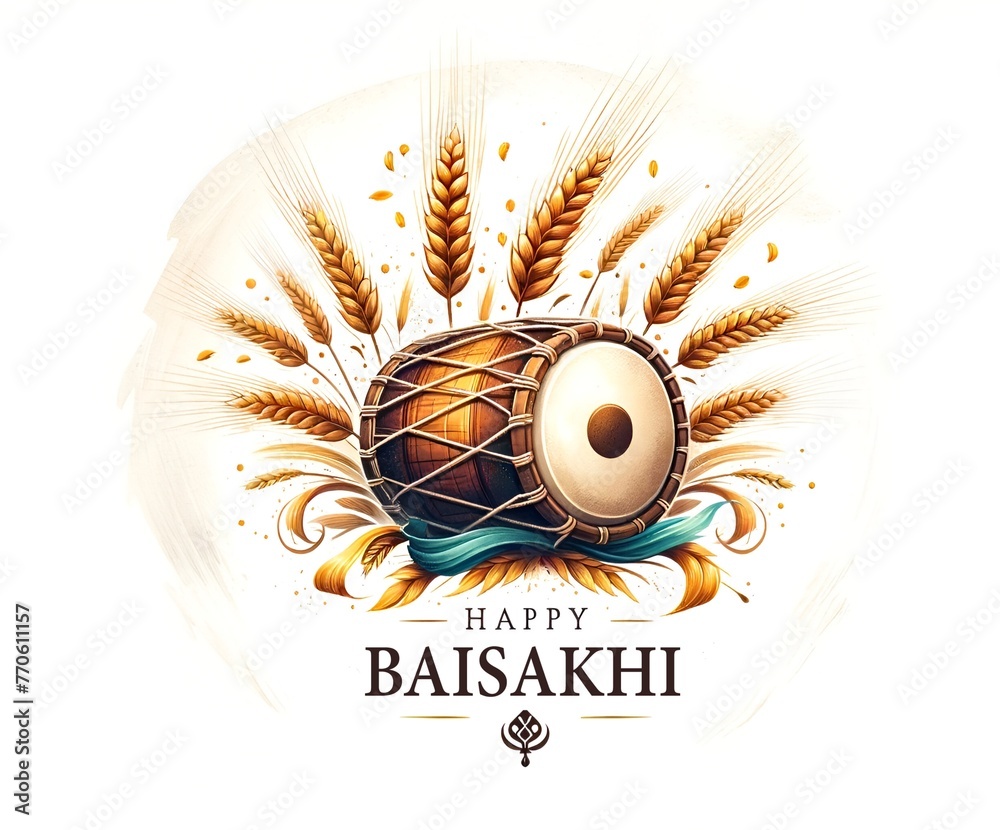 Watercolor illustration for baisakhi with a dhol and wheat sheaves. - obrazy, fototapety, plakaty 
