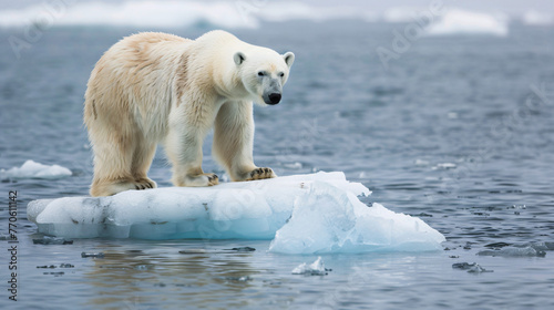 A lone polar bear on a small ice floe highlighting the loss of habitat due to melting polar ice.