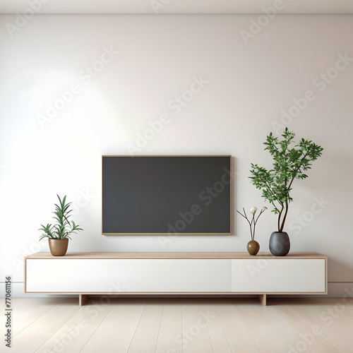 TV on the wall in modern living room.3D rendering © Ilham