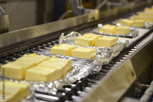 conveyor belt with butter pats being wrapped in foil © altitudevisual