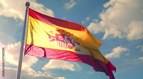 Spain flag waving in the wind. Spanish flag on blue sky background