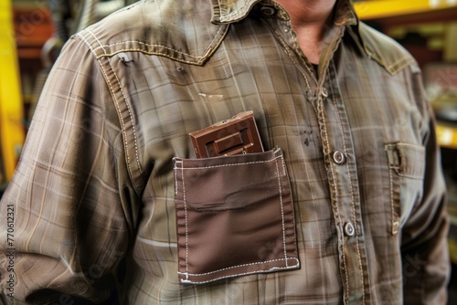 mechanic with a chocolate bar in the rolledup sleeve pocket of a work shirt