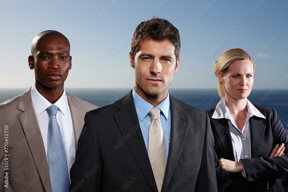 Portrait, diversity and business people in group for corporate company, outdoor and confidence by ocean. Team, men and woman collaboration with management for executive, workforce and leadership. Portrait, diversity and business people in group for corporate company, outdoor and confidence by ocean. Team, men and woman collaboration with management for executive, workforce and leadership.