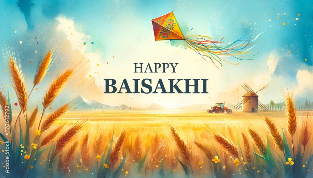 Happy baisakhi card illustration with kite flying over wheat field. - obrazy, fototapety, plakaty 