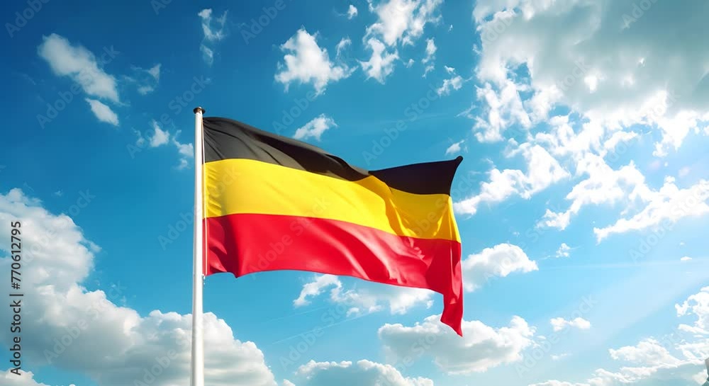 Germany flag waving in the wind on blue sky with clouds background Germany flag waving in the wind on blue sky with clouds background