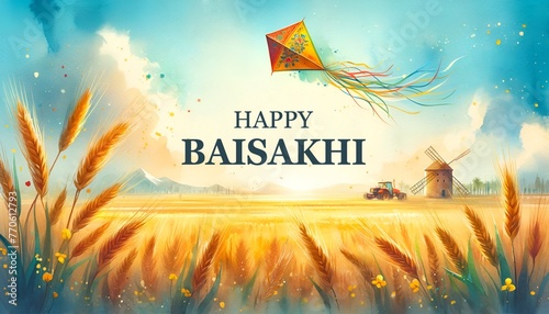Happy baisakhi card illustration with kite flying over wheat field.