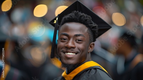 a black male wearing a black graduation cap and gown 