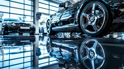 A luxury car showroom with sleek vehicles and reflective floors. © Martin