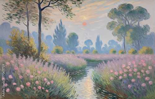 Monet style punchlist landscape painting. Artificial intelligence generation.