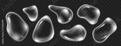 Transparent liquid drops of serum or gel set. Liquid cream shape isolated. Hyaluronic, acid, retinol, collagen, science lab product.