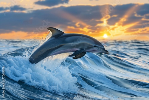 dolphin leaping above sea waves at sunrise with sunrays visible © altitudevisual
