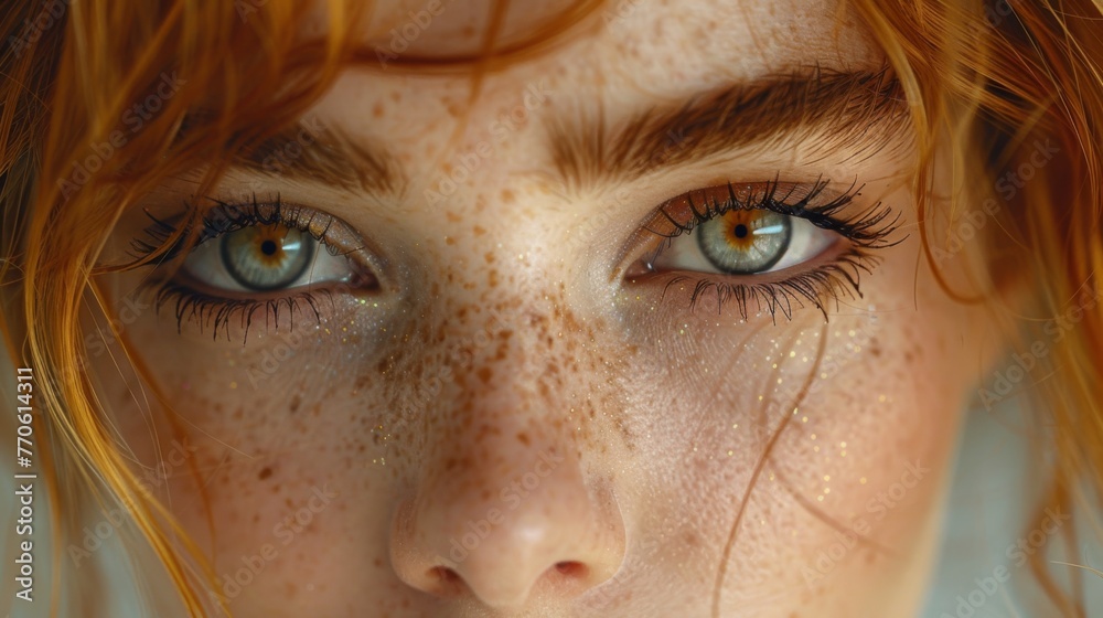 a female with red hair and freckles , eyes of wonder, beautiful facial features a female with red hair and freckles , eyes of wonder, beautiful facial features