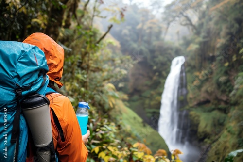 hiker viewing a waterfall with a reusable water bottle © altitudevisual