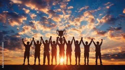 Teamwork leads to success and achieving goals. The silhouette of many hands holding a trophy in a sunset represents a victorious team.