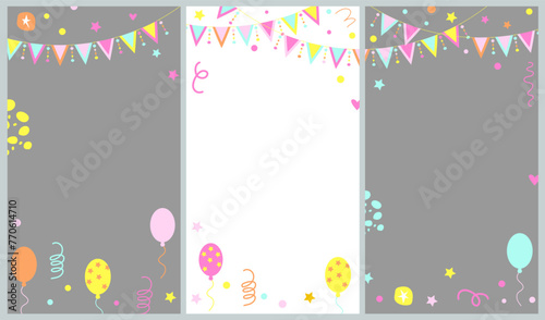 Bright vector backgrounds set with flags garlands, balloons, confetti, streamer  for social media, Instagram, TikTok or vertical video story posting.
