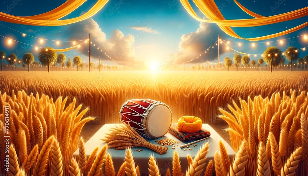 Realistic baisakhi celebration background with traditional symbols in wheat field. - obrazy, fototapety, plakaty 