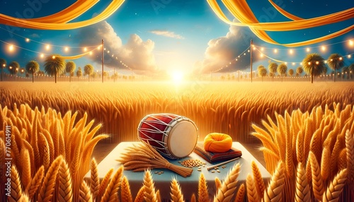 Realistic baisakhi celebration background with traditional symbols in wheat field. © Milano