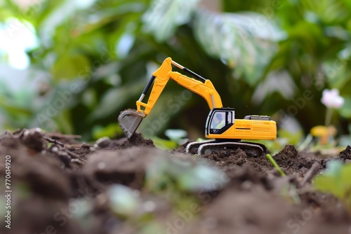 toy excavator in a garden digging through the soil © altitudevisual