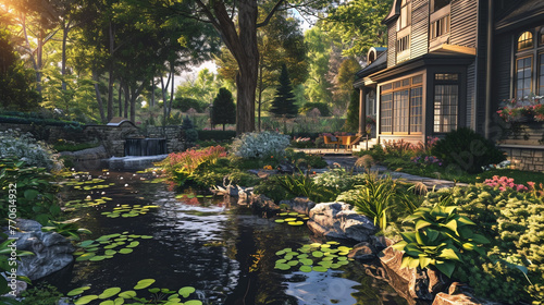 a house and pond surrounded by lush grass and greenery