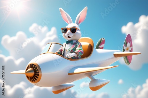 A rabbit is driving a small plane with sunglasses. AI generated.