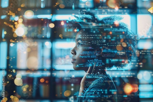 A double exposure blends a sleek AI computer with a classical classroom scene. This upscale juxtaposition reflects the integration of technology in the future of education photo