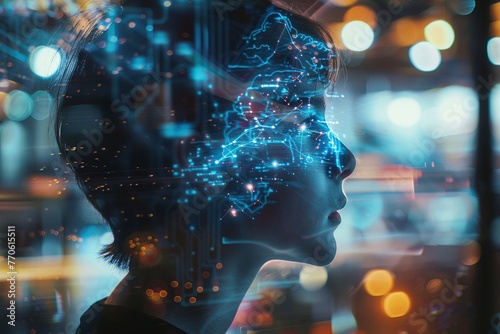 A double exposure of a student's silhouette interlaced with a vibrant network of AI technology. The scene, bathed in upscale light, represents a harmonious fusion of human and artificial intelligence  photo