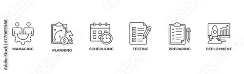 Release management banner web icon vector illustration concept with icon of managing, planning, scheduling, building, testing, preparing and deployment	