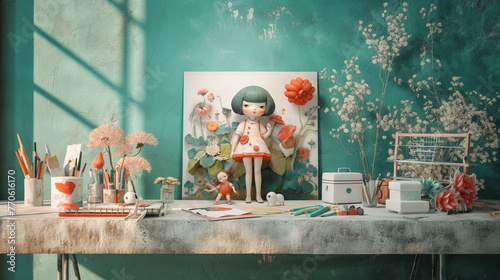 A girl is sitting on a desk with a painting of a girl and a doll. The desk is cluttered with art supplies and a vase of flowers. Scene is playful and creative