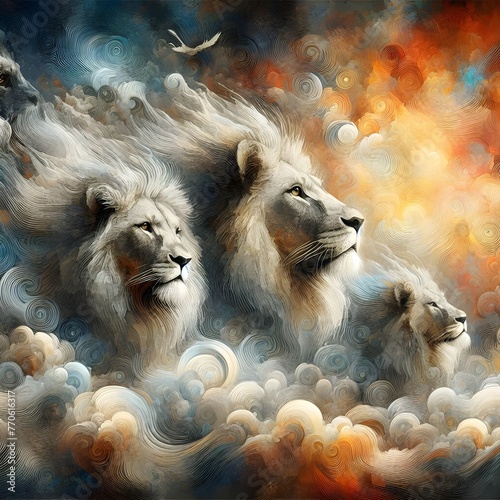 Abstract textured ethereal three Lions with majestic manes amidst a backdrop of swirling clouds and vibrant colors