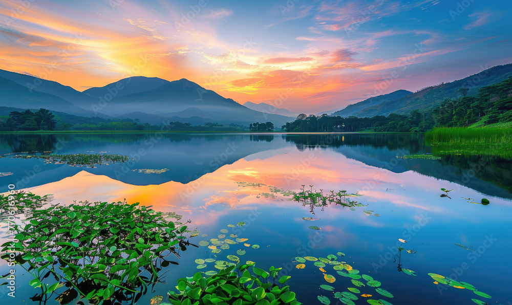 A serene lake surrounded by mountains, reflecting the vibrant colors of sunrise in the sky and lush greenery on its shore