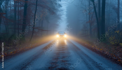Fog-covered forest road with faint car headlights approaching wide
