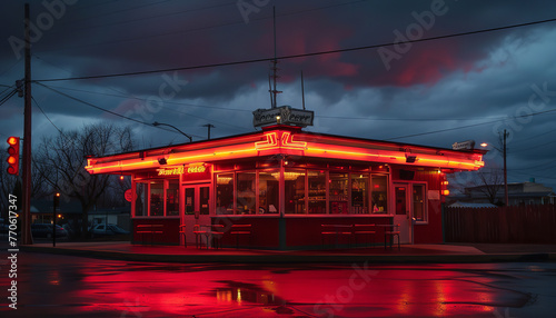 Roadside diner at twilight with neon lights glowing wide