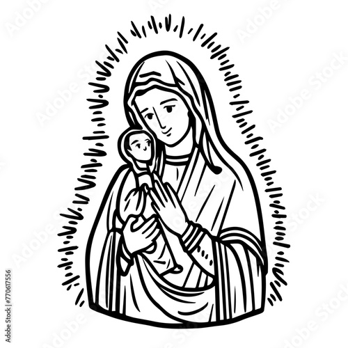 Mary with baby Jesus nocolor vector illustration silhouette for laser cutting cnc, engraving, black shape decoration