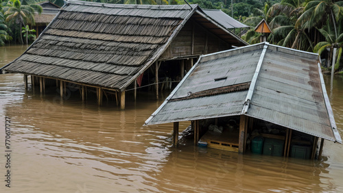 A flooded house with a thatched roof and a metal roof, both partially submerged in brown water in southeast asia