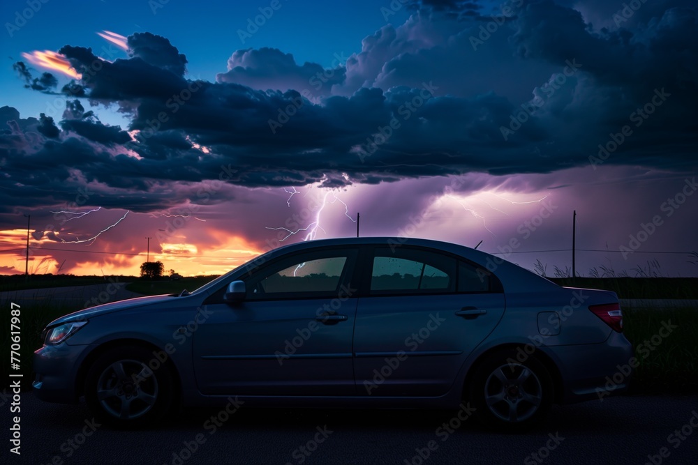 car parked on roadside with storm clouds and lightning in background