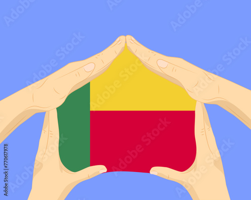 Hand home with Benin flag, residential or investment idea, housing and home concept