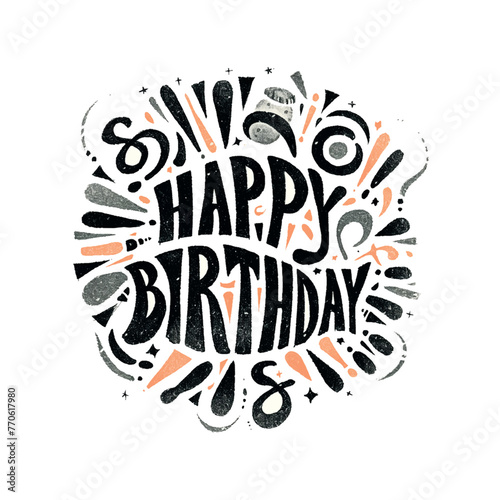 A hand drawn birthday card with the words Happy Birthday written in a cursive style. The card has a fun and playful look to it, with a lot of swirls and dots. The overall mood of the card is cheerful