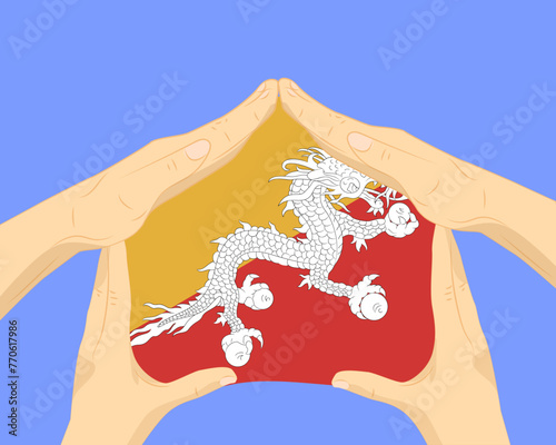 Hand home with Bhutan flag, residential or investment idea, housing and home concept