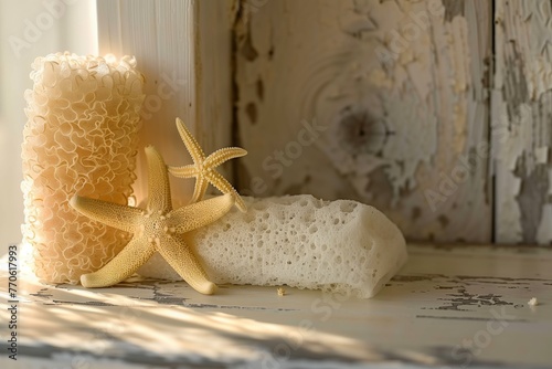 loofah with a natural sponge and sea star on a sunlit shelf photo